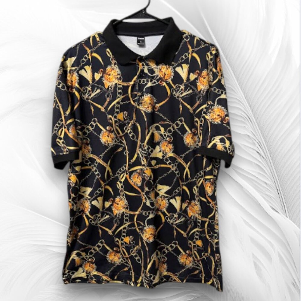SHEIN Baroque Chain Print Polo Shirt Black Gold Short Sleeve Size L
